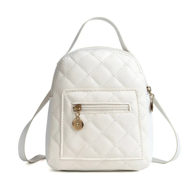 Korean style girls' embroidered PU backpack in white with hard shell construction and sandwich pocket