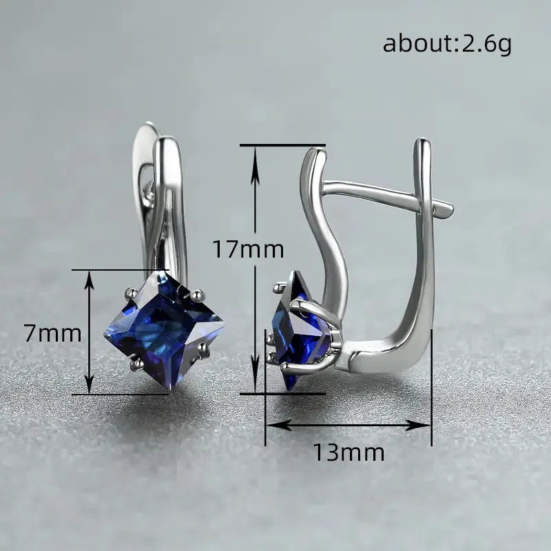Copper diamond design earrings with inlaid blue zircon gemstones for women