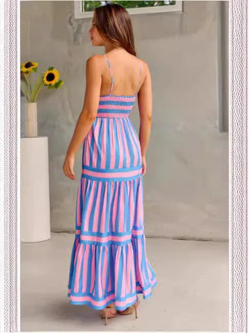 Women's striped summer dress with backless square neck, suspender straps, and side pockets