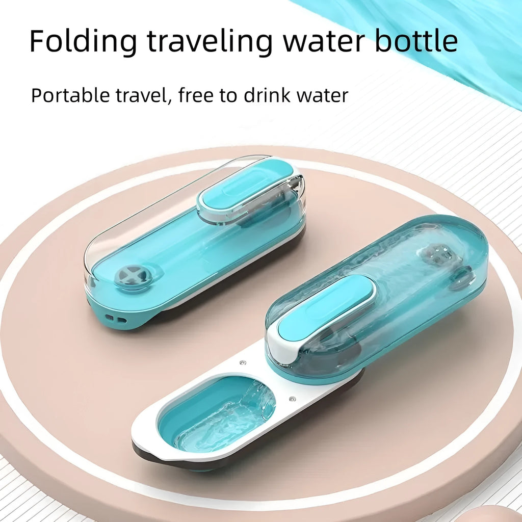 Blue portable pet water bottle with folded-out silicone drinking bowl for dogs and cats.