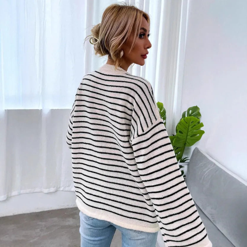 Black women's striped casual top with long sleeves and drop-shoulder design