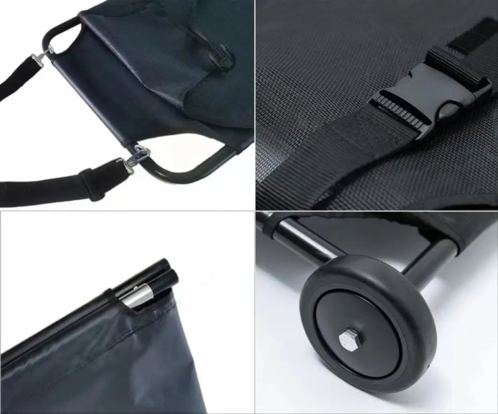 Large black foldable aluminium alloy dog stretcher with carrying handles for emergency pet transport.