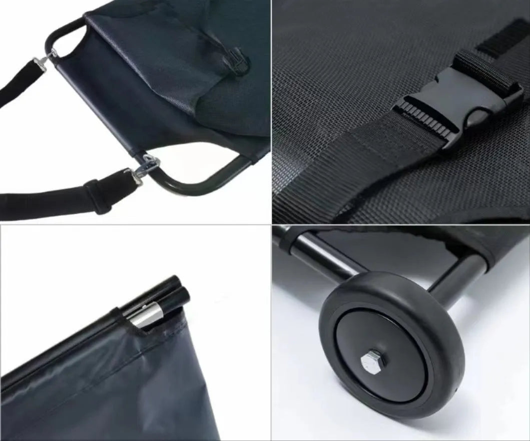Large black foldable aluminium alloy dog stretcher with carrying handles for emergency pet transport.