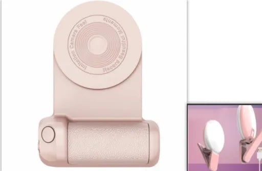Black 3-in-1 magnetic phone camera holder with ergonomic handle on a wooden table.