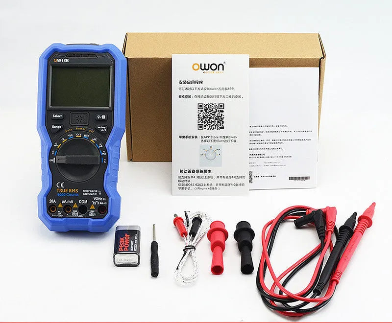 Handheld digital multimeter with NCV voltage sensing and test leads on white background