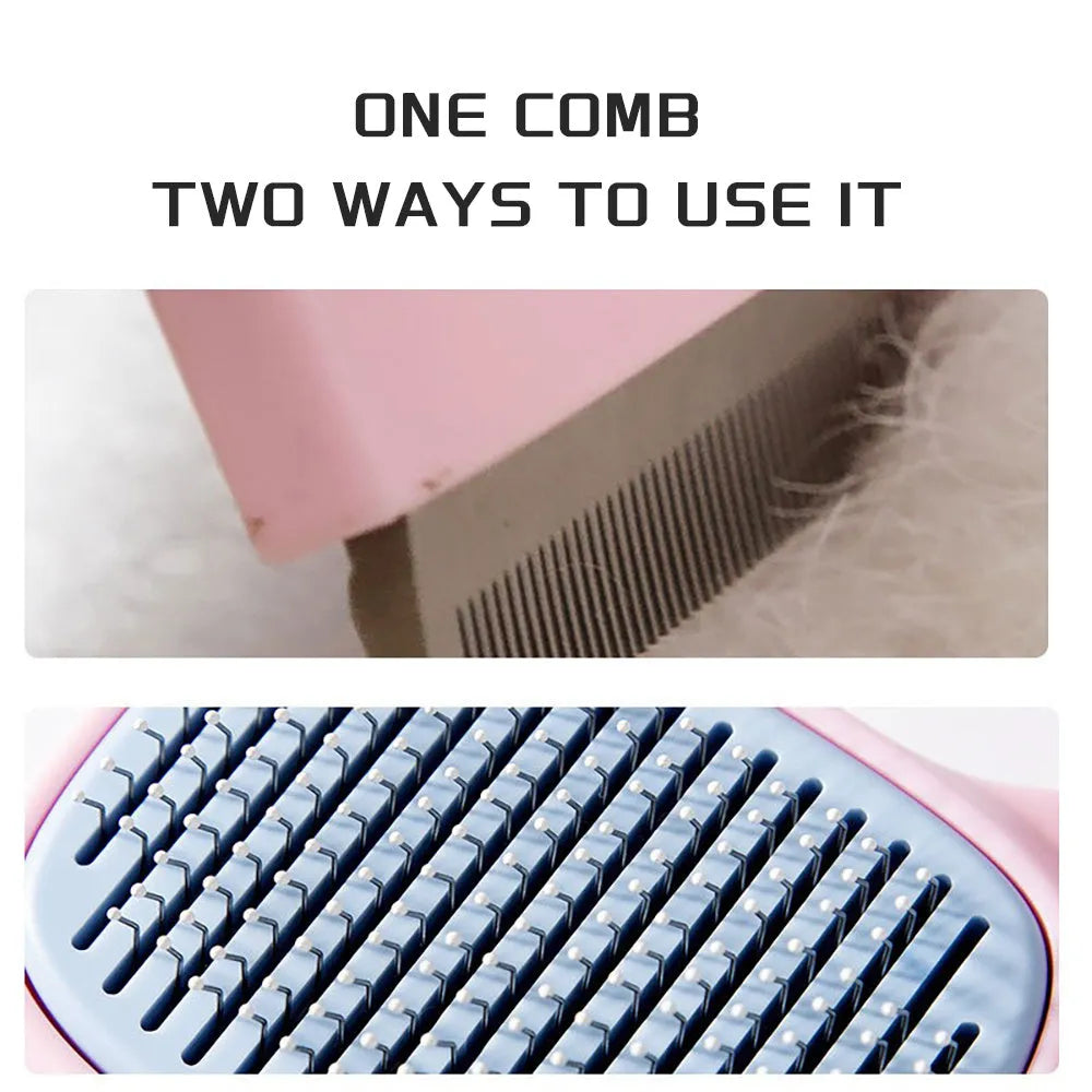Red double-sided pet grooming brush with de-shedding rake and de-matting comb on a white background