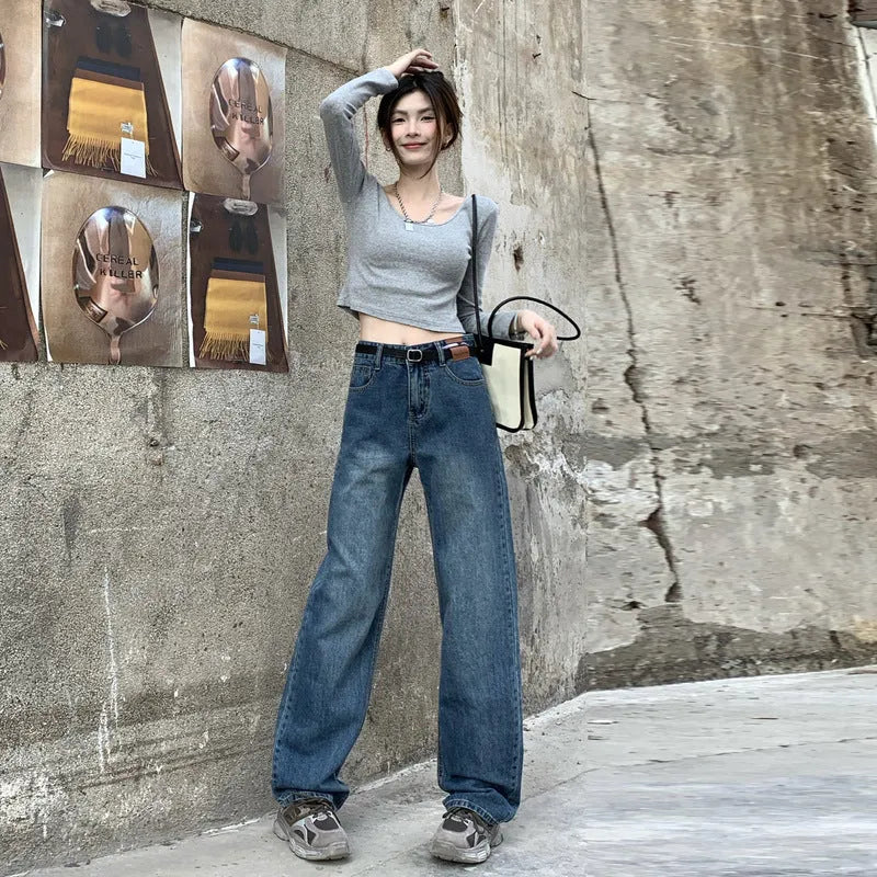 Women's retro blue high waist straight leg jeans in cotton denim showing front and back views
