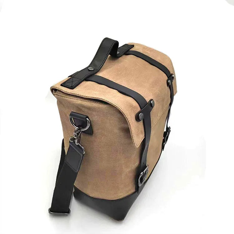 Thick waterproof canvas motorcycle side bag with cowhide top layer in black