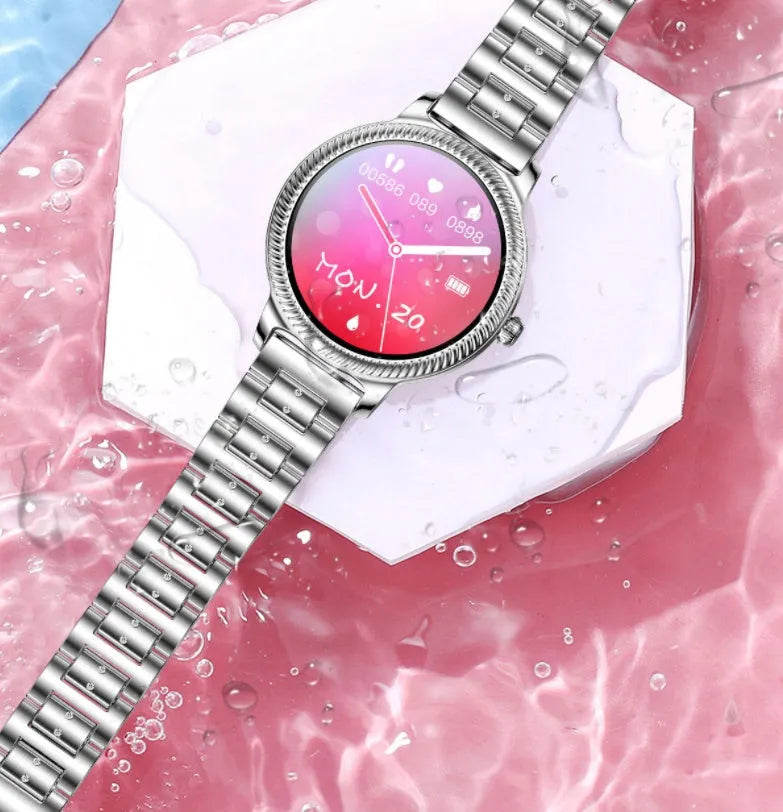 AK38 Ladies Smart Watch with stainless steel band and 1.09-inch TFT touchscreen display
