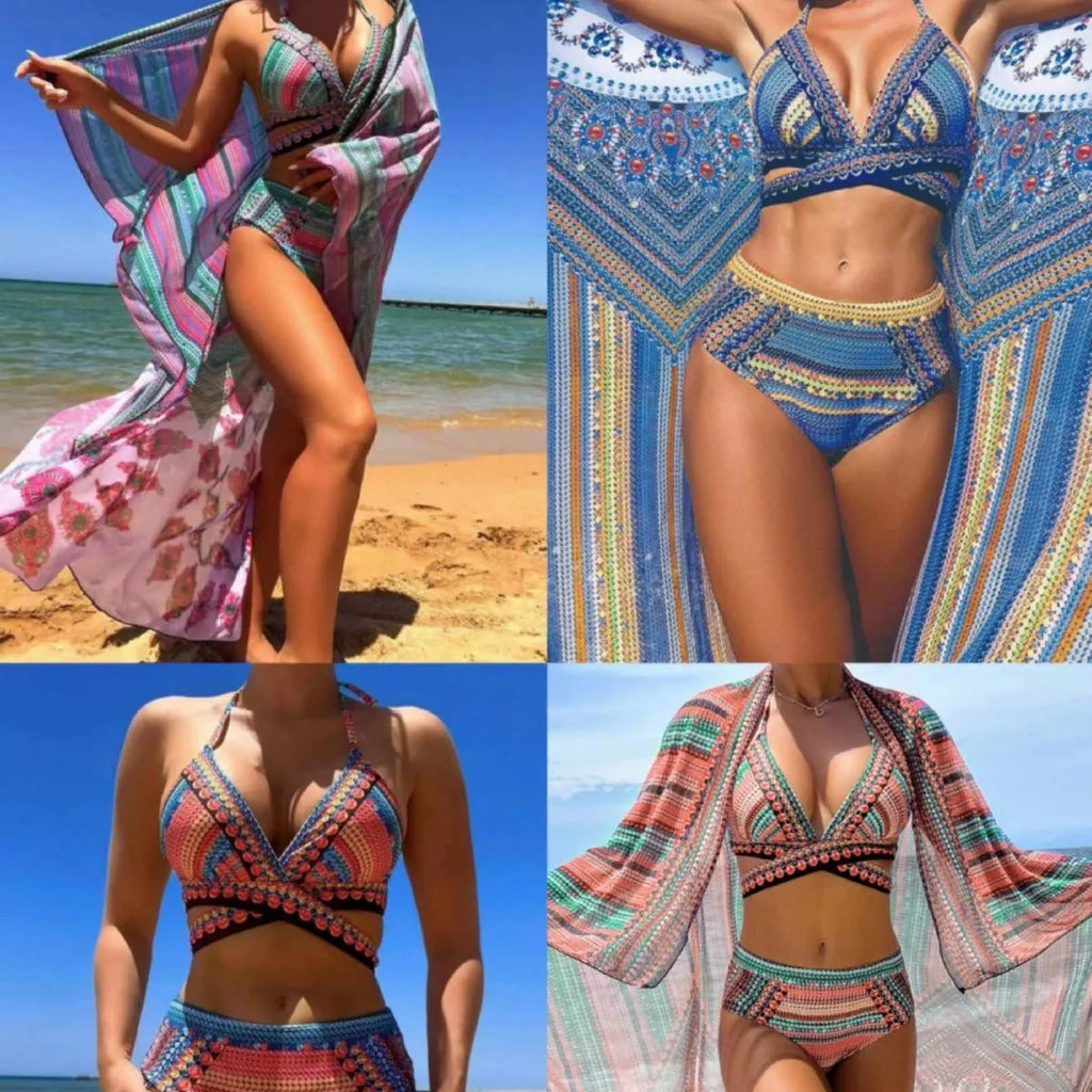 Women's blue three-piece bikini swimsuit with cross bandage top and high-waist briefs with sheer veil side splits.