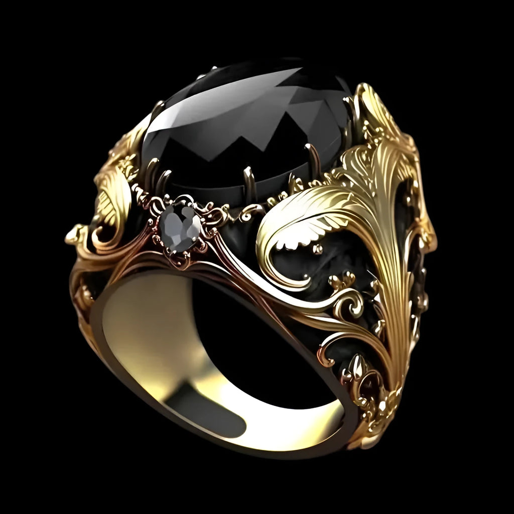 Men's geometric wide face ring with imitation ink colour gem, silver alloy finish, size No 10
