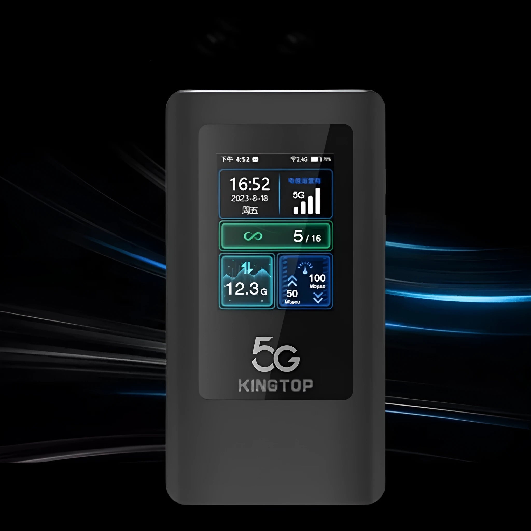 Black 5G portable Wi-Fi router with LCD screen and TYPE-C port on a white background