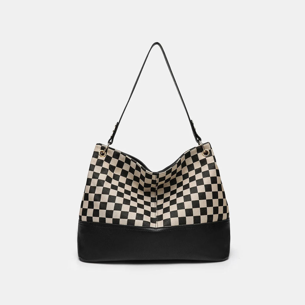 One-shoulder canvas PU stitching crossbody bag with open outer pocket, horizontal square shape, black colour, urban simplicity style