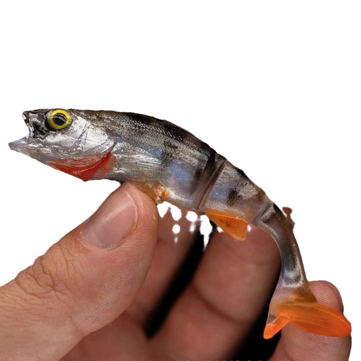 Two fish-shaped soft fishing lures with Fish T Tail design on a blue background.