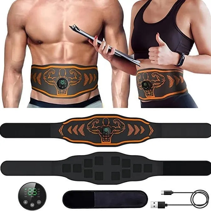 Smart EMS massage belt fitness equipment with rechargeable battery in orange and blue colour options