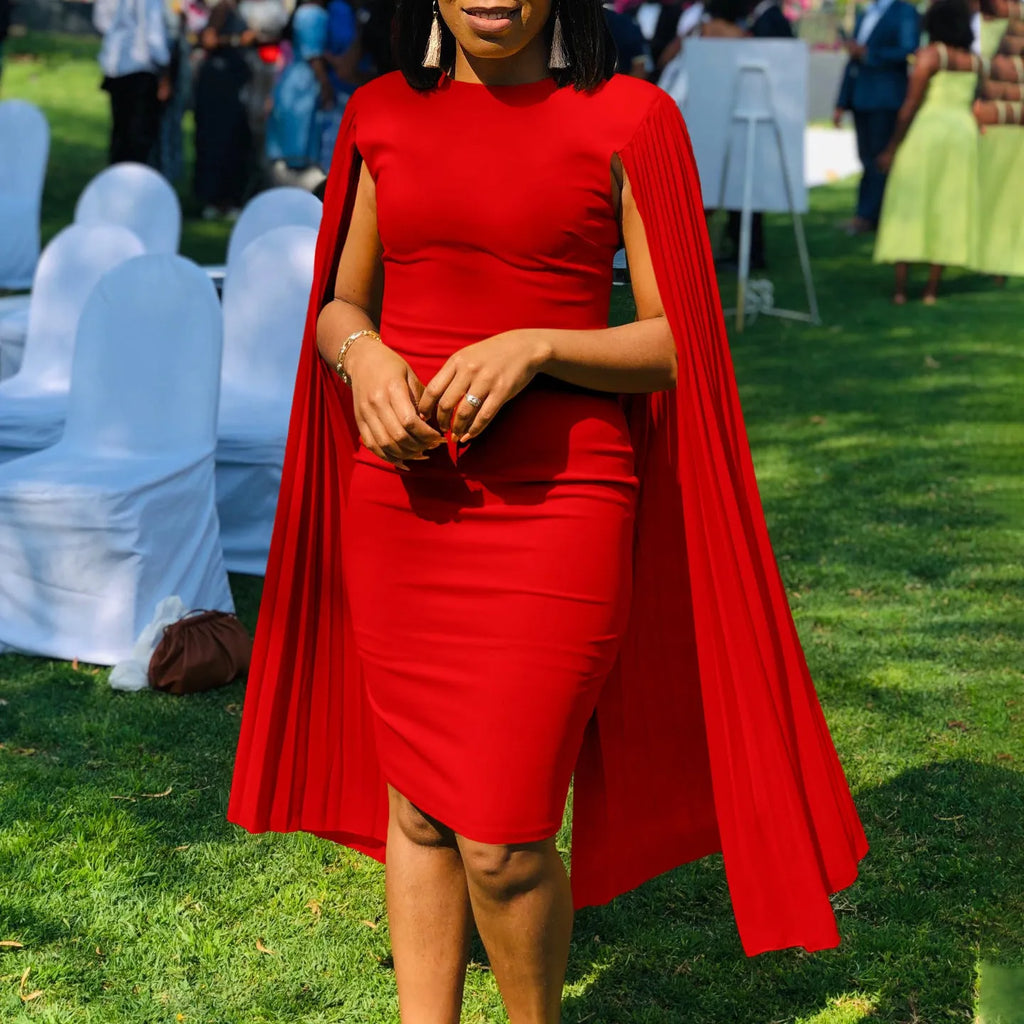 Women's high waist evening gown with pleated shawl collar and long sleeves