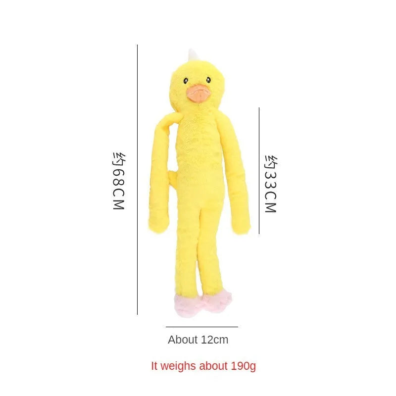 Plush interactive dog toy with rattle and crinkly paper for large breeds, available in pink and yellow