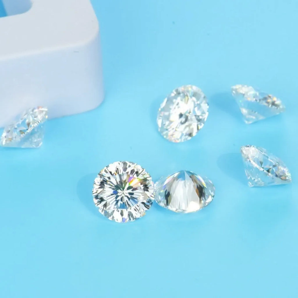 Round moissanite gem stone with eight hearts and eight arrows cut on display