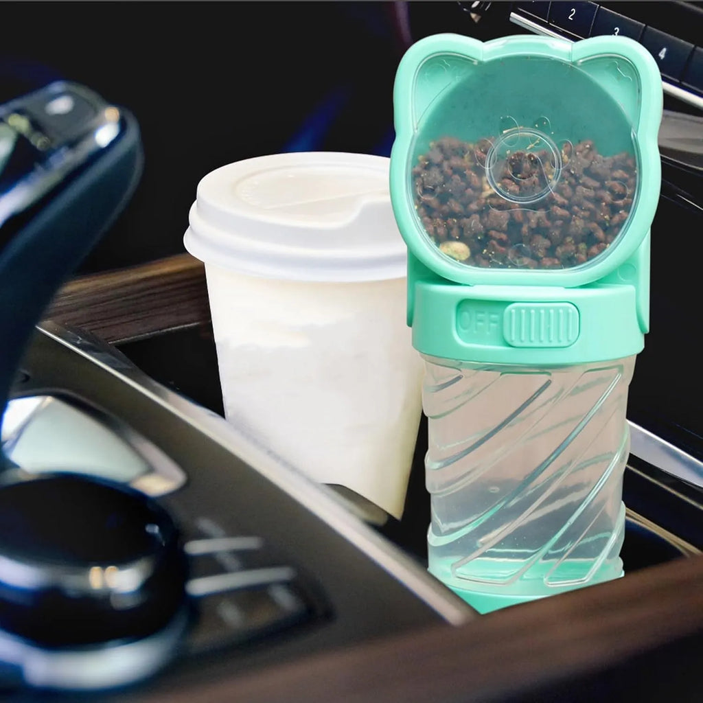 Green, pink, or white 3-in-1 portable pet water bottle with food container and waste bag dispenser.