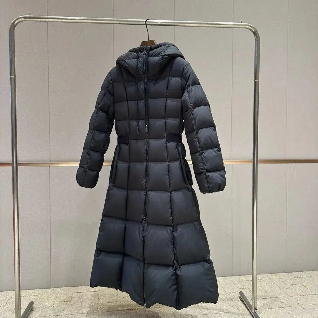 Long casual hooded black white duck down jacket for women, A-line version, medium length 65cm