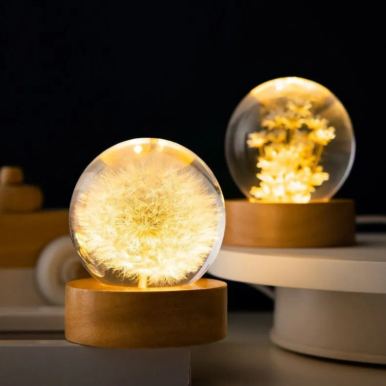60mm dandelion crystal ball night light with beech wood base and preserved flowers inside transparent resin sphere