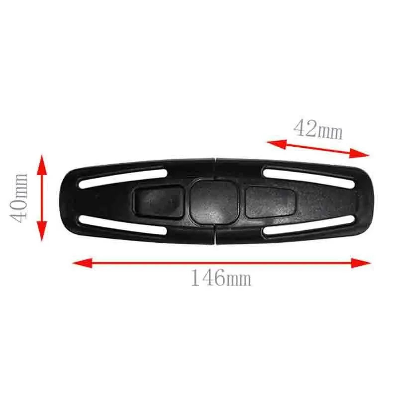Black nylon seat belt clip for child car seat harnesses, shown at 14.5 cm long.