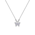 A silver necklace with a butterfly pendant on a cross chain, showing adjustable length.