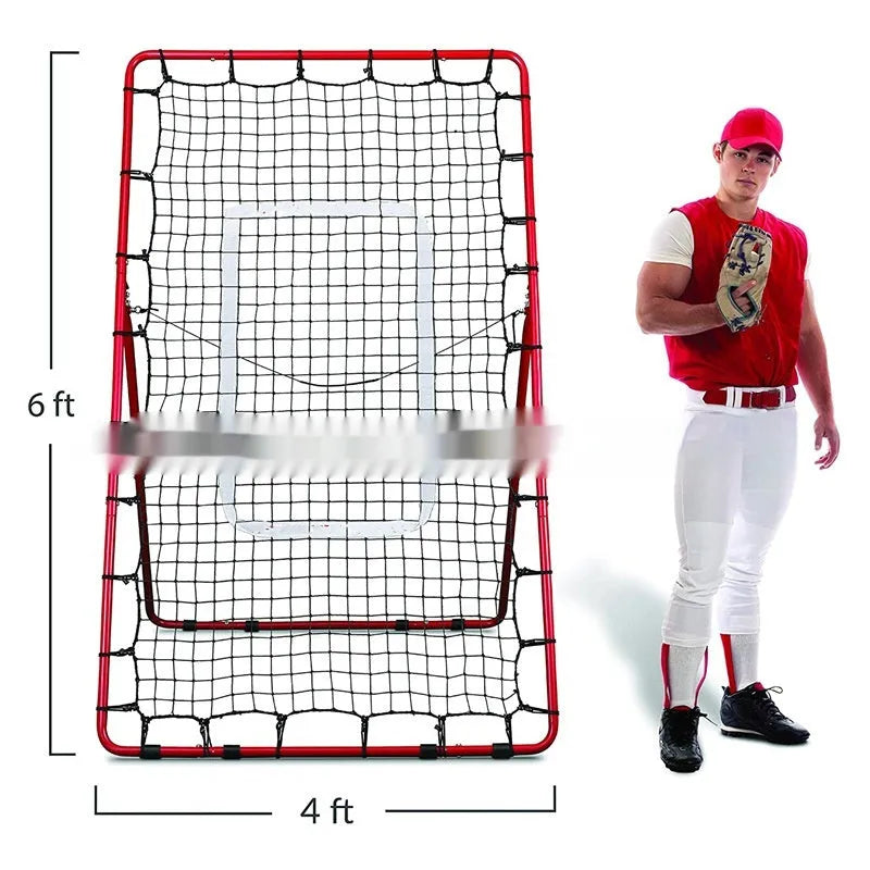 Red adjustable baseball training net with metal frame showing 4x6 feet dimensions