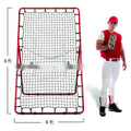 Red adjustable baseball training net with metal frame showing 4x6 feet dimensions