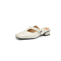 Leisure low heel slippers with square toe in black, beige, and silver on rubber sole.