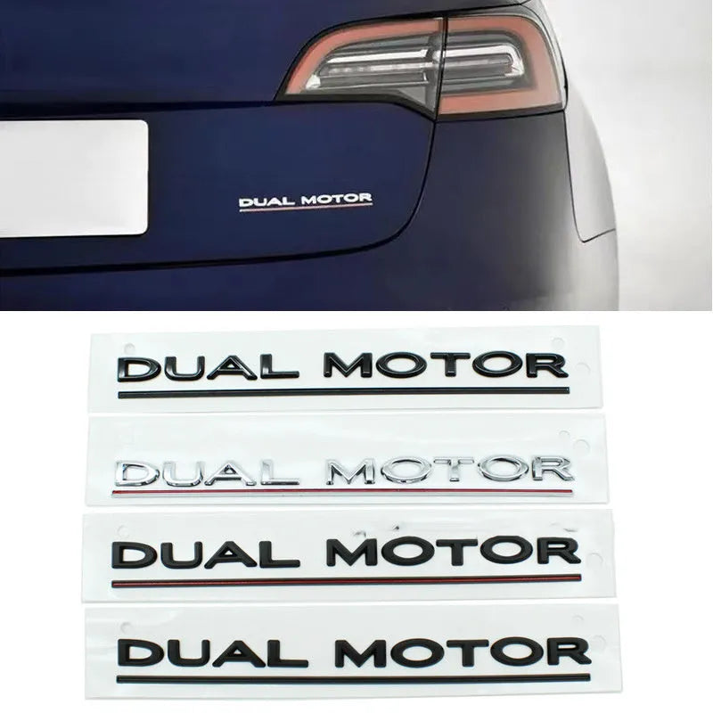 Tesla Model 3 Dual Motor bumper sticker in ABS plastic, shows matte black and silver colour options.