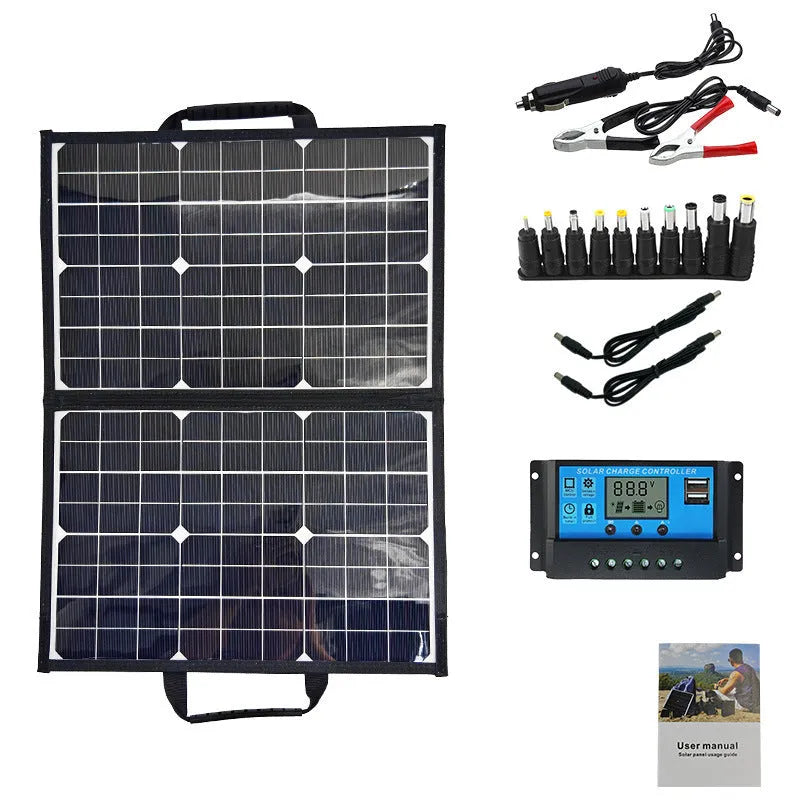 Black folding bag solar panel with 40W power rating, shown folded to compact size.