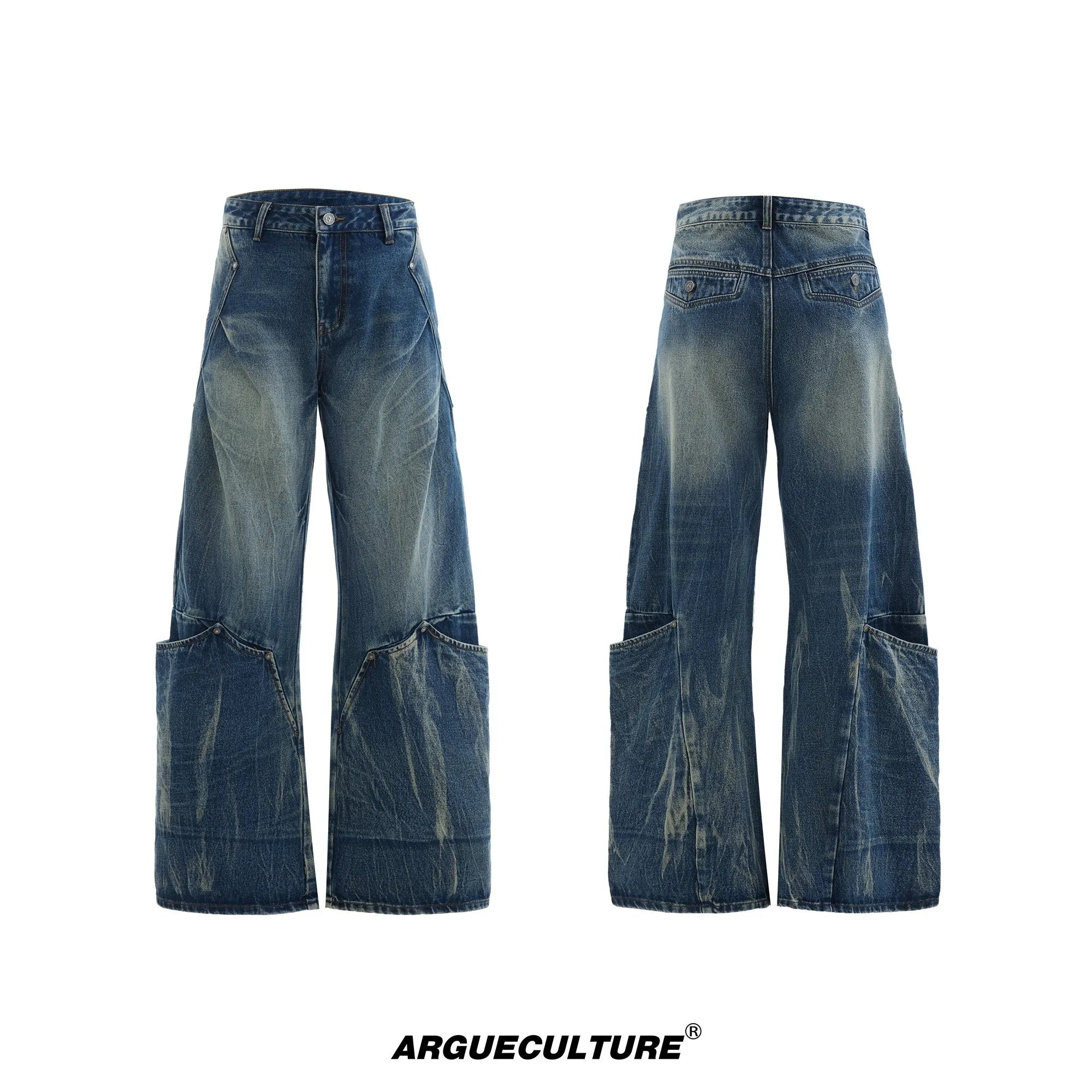 Men's verdant blue jeans with retro washed burst pattern and curved knife design, loose fit style