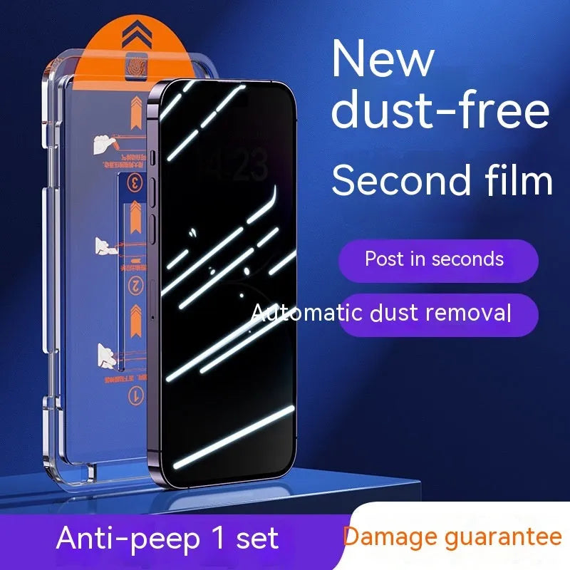iPhone tempered glass privacy screen protector showing dust-free warehouse design and packaging.