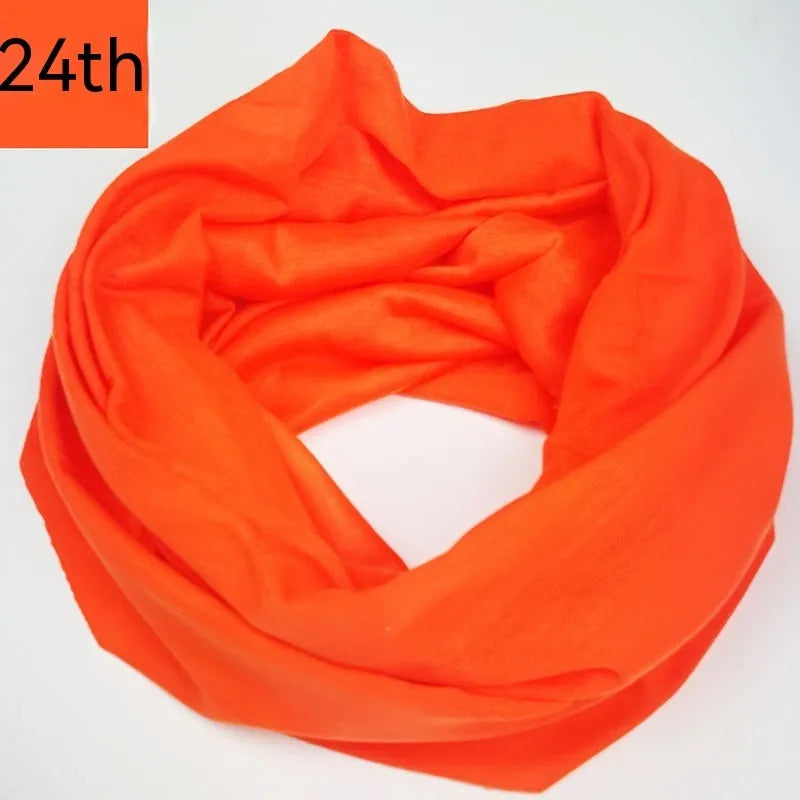 Polyester magic headscarf for outdoor sports shown in multiple colours on free size mannequin
