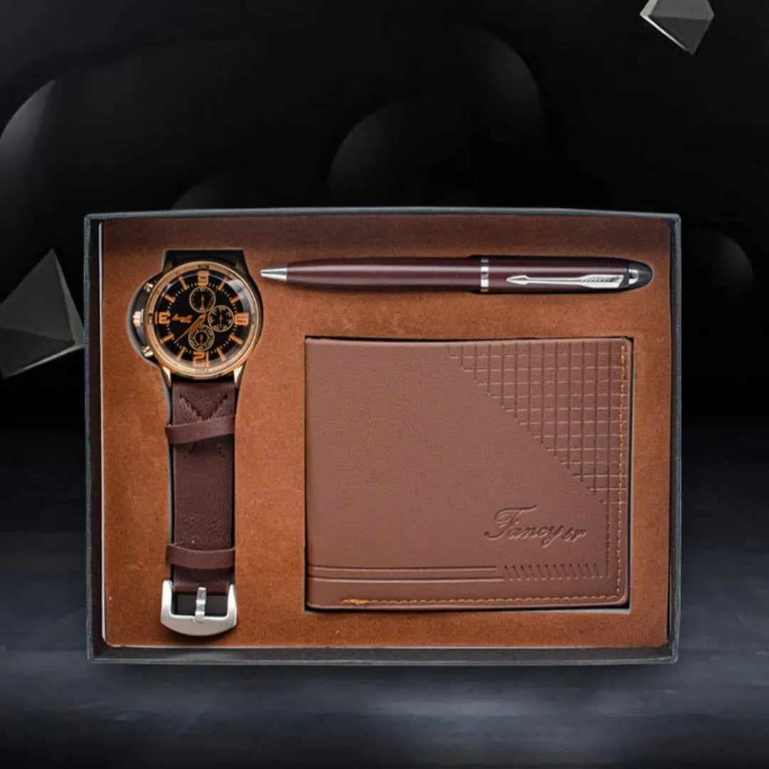Modern simplicity wallet pen watch gift set in black or brown with OPP packaging