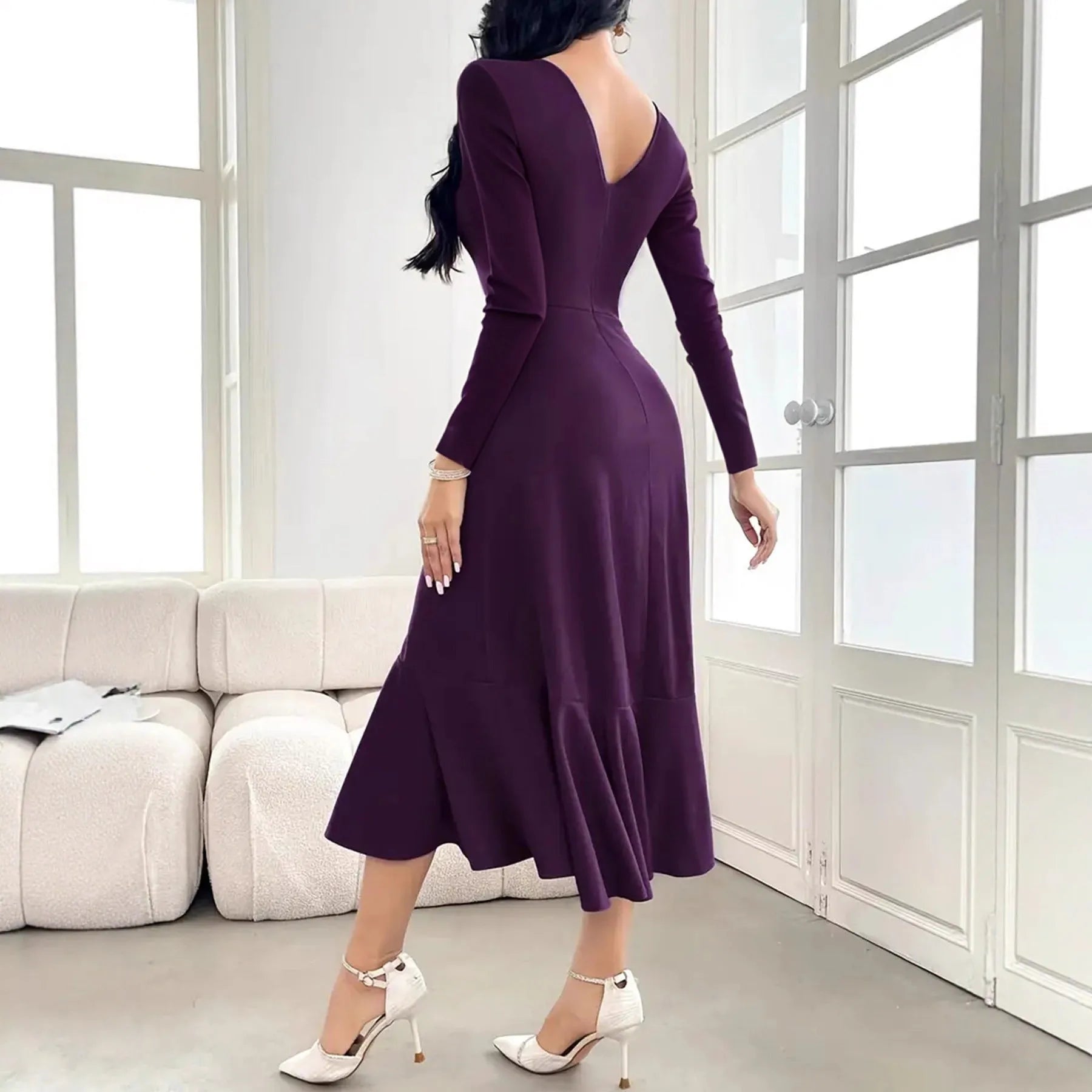 Purple women's long sleeve dress with ruffled detailing and round neck, mid waist cut