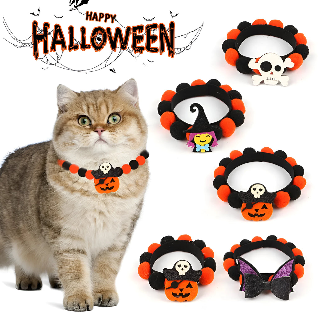 Halloween pet fur ball collar in pumpkin orange colour with fluffy ball on a black collar