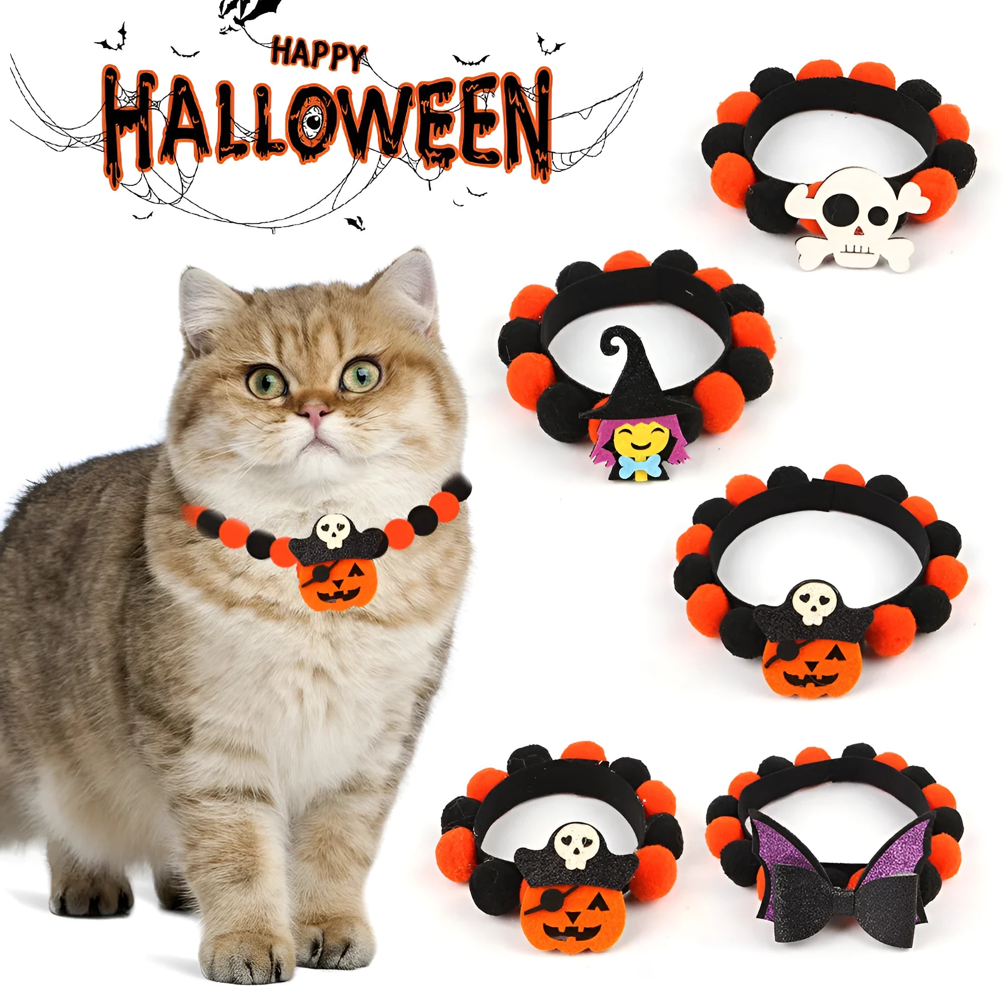 Halloween pet fur ball collar in pumpkin orange colour with fluffy ball on a black collar