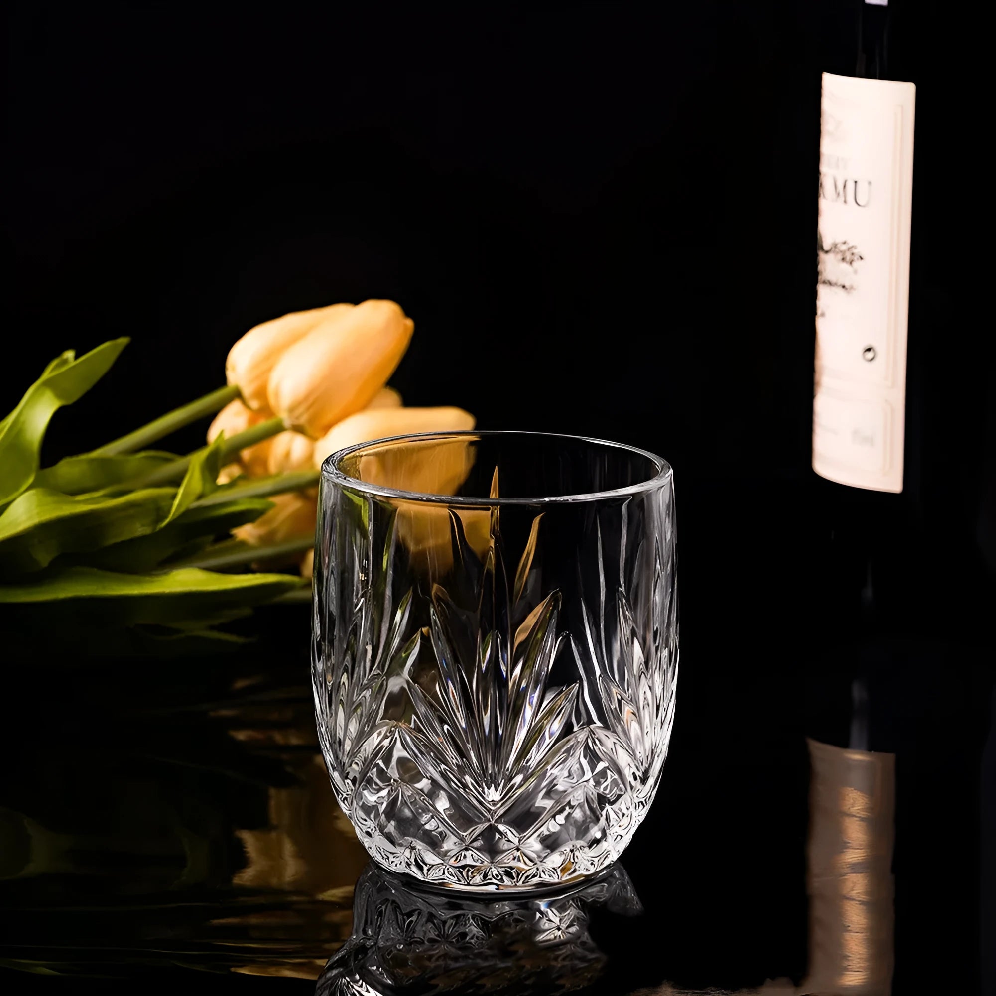 Whiskey shot glass with thick bottom in crystal glass showing 301-400ml capacity