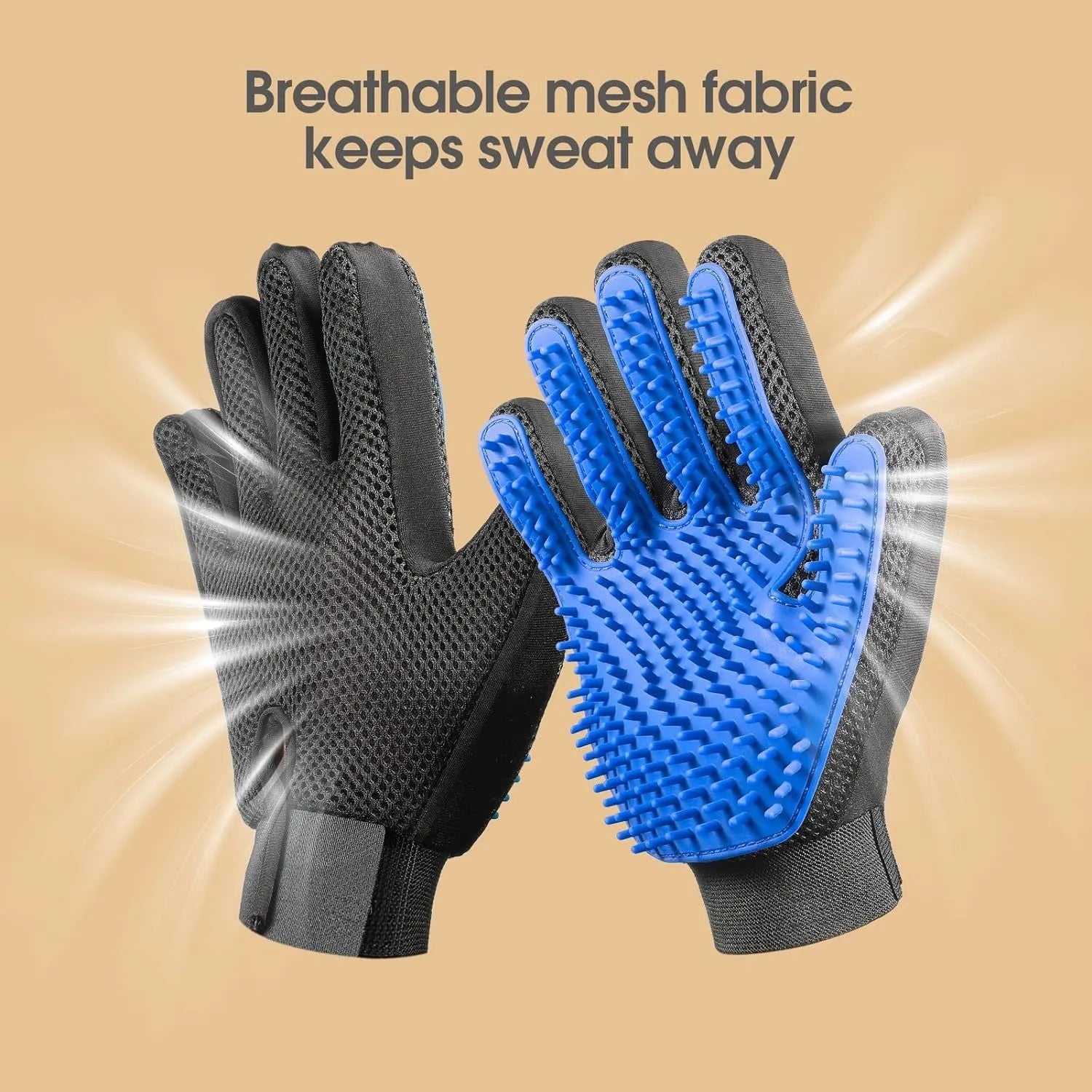 Blue pet grooming gloves with silicone tips for cat and dog hair removal