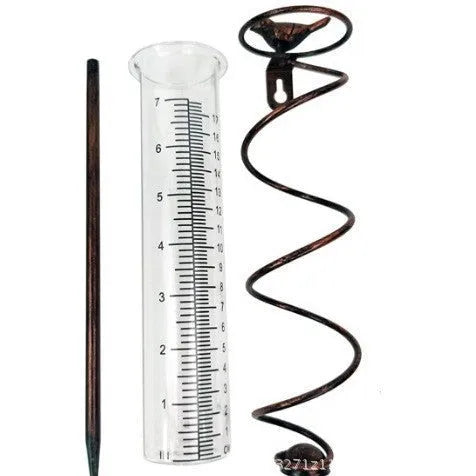 Garden rain gauge with cast iron bird decoration showing 0-800ml measurement scale