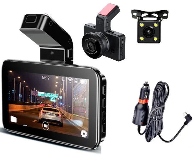 3-inch car DVR with dual lens recording system showing front unit and separate camera for rear recording