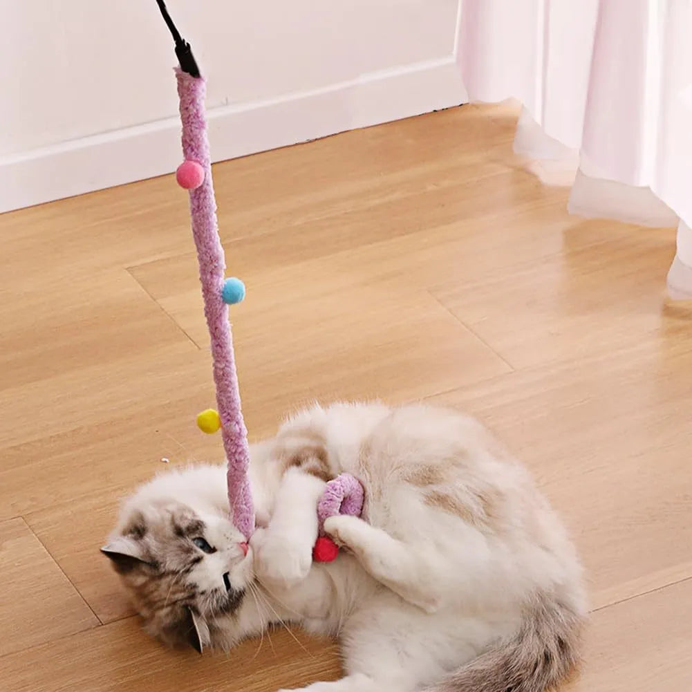 Blue cat wand toy with long plush strip and colourful ball with bells for interactive feline play