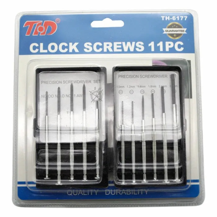 TH-6177 11-piece clock repair screwdriver set with cross and flat heads on a workbench.