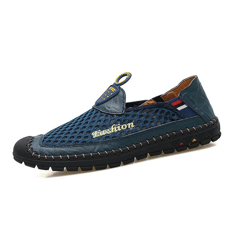 Men's brown casual mesh shoes with a rounded toe and sewn rubber sole.