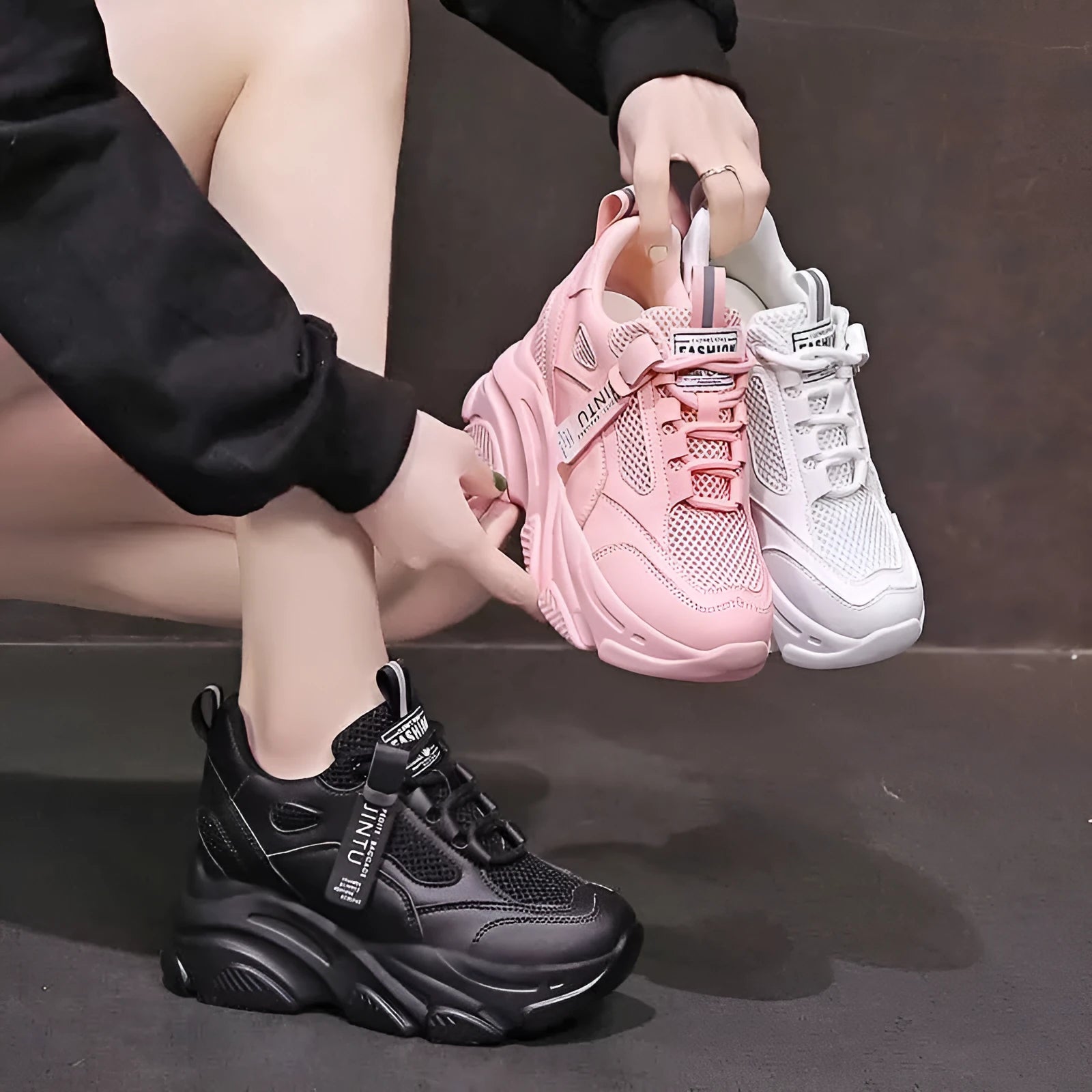 Women's black mesh platform casual shoes with hollow-out design and TPR sole