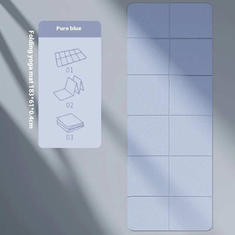 Blue folding portable TPE gymnastics mat unfolded on a floor, showing its 183cm length and non-slip texture.