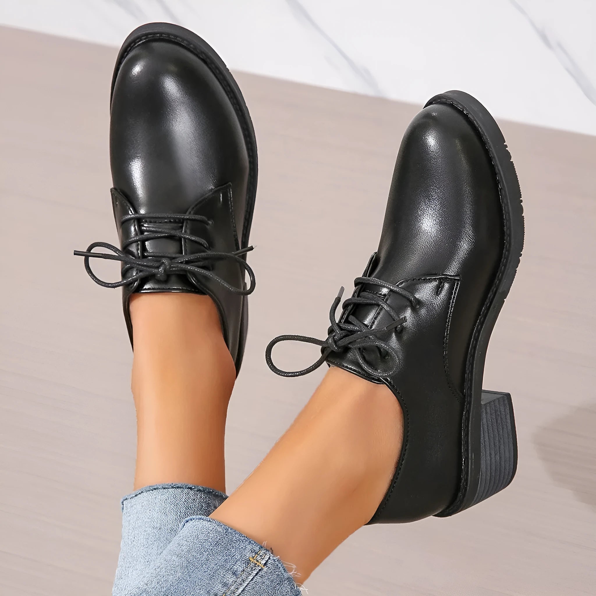 Black women's work shoes with chunky heel and soft sole for professional wear