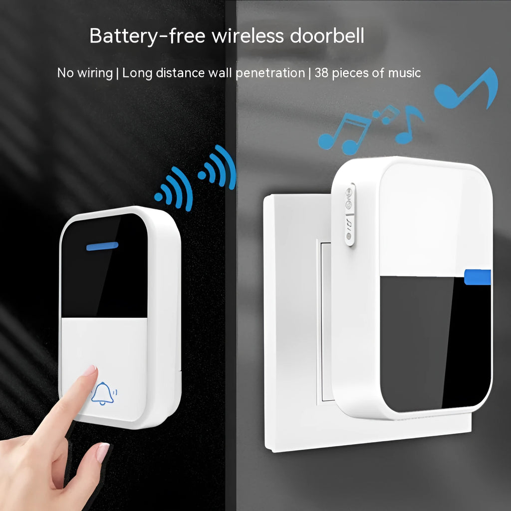 Modern white plastic wireless doorbell unit with receiver and transmitter for 150m range.
